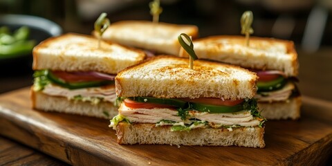 Poster - Jalapeno infused white bread club sandwich presented on a wooden board, showcasing layers of flavor in this delicious white bread club sandwich creation with a spicy twist.