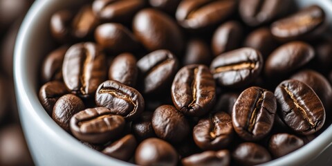 Poster - Close up of roasted coffee beans in a coffee cup, showcasing the rich textures and colors of the roasted coffee beans, ideal for emphasizing the essence of coffee in various contexts.