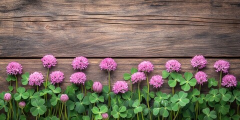 Poster - Clover flowers arranged in a row, displaying their vibrant beauty against a rustic wooden background, capture the essence of nature with clover flowers accentuating the scene.