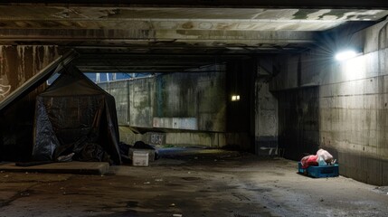 Wall Mural - Temporary shelter in the underpass, medium shot showing the makeshift setup and urban surroundings, natural and artificial lighting blend.