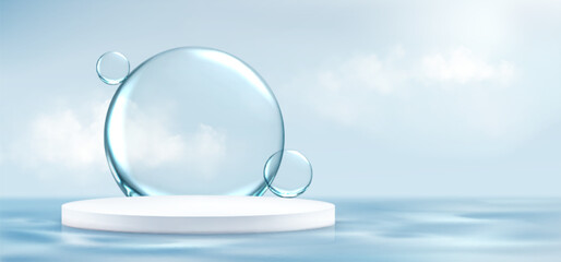 Poster - Minimalistic promotion composition with white circular podium set on clear blue water surface background, floating transparent bubbles for showcasing skincare products, fresh or wellness themes.