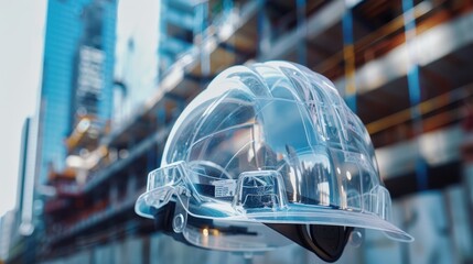 Wall Mural - Transparent safety helmet on urban construction background, medium shot highlighting the helmet's clarity and the construction setting, natural and artificial lighting blend.