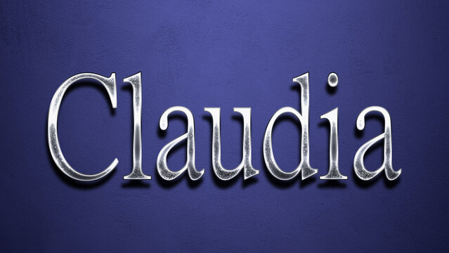 3D Chrome name design of Spanish name Claudia on blue Background.