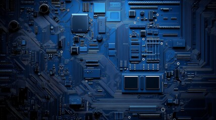 Poster - A close-up view of a blue electronic circuit, futuristic, background board with various components.