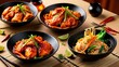 © ishrat - Indulge in the tantalizing presentation of spicy chicken dishes paired with savory noodles in this high-quality image. Perfectly cooked chicken, coated in a fiery, glossy sauce.