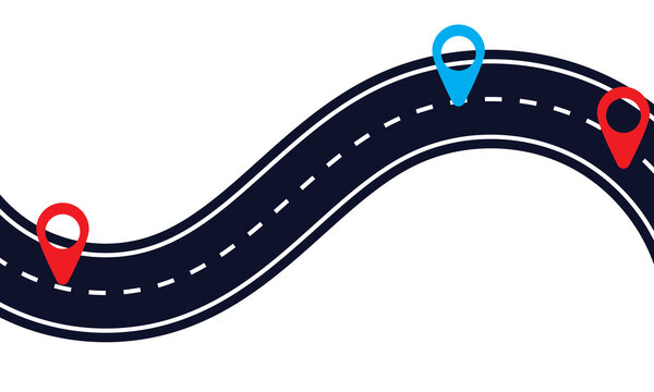 Road with location mark. Route infographic. Navigation path. Roadway traffic infographic. Vector icon current background. Vector illustration. EPS 10