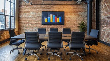Poster - A modern conference room with a large table, chairs, and a colorful bar graph on display.