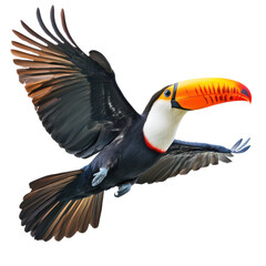 beautiful flying toucan isolated on a white background for use in nature-themed designs and educatio