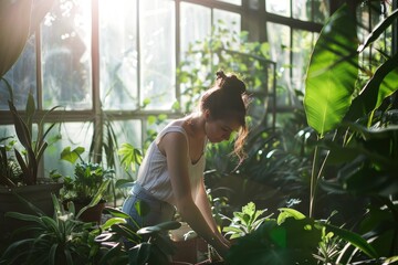 Wall Mural - Young woman tending to plants in a greenhouse garden, surrounded by lush greenery, soft natural light filtering through glass.