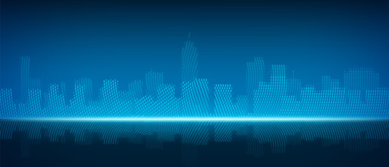 Poster - Abstract tech city skyline background. Vector realistic illustration of blue cityscape, modern building silhouettes and skyscrapers, futuristic communication technology, virtual reality, business
