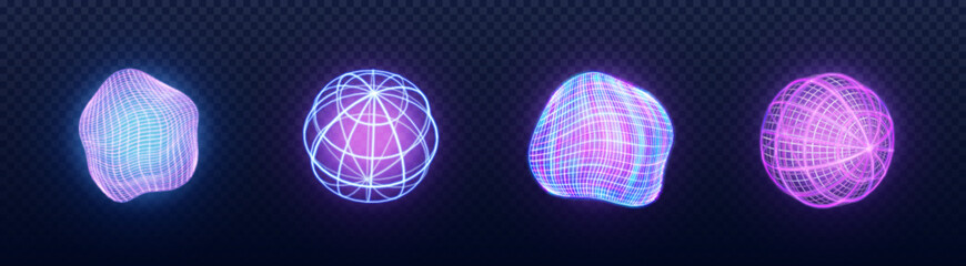 Poster - tech sphere 3d wireframe set - neon glowing geometric shapes with grid pattern in purple and pink gr