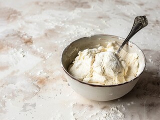 Sticker - A bowl of dough and a spoon on a light background. Soft natural lighting.