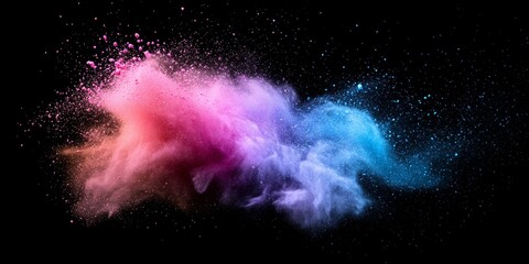 Poster - Abstract multicolored powder explodes against a black background, showcasing the vibrant freeze motion of color powder splatting. This multicolored powder creates a stunning glitter texture.