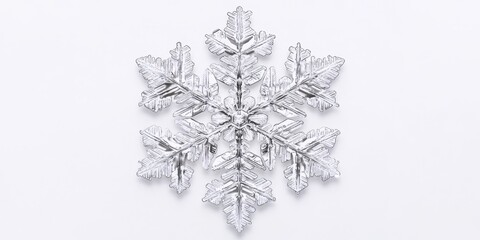 Aufkleber - Isolated snowflake on a white background showcases a real snow crystal. This macro photo highlights the elegant snowflake s stellar dendrite shape, featuring fine hexagonal symmetry and six delicate