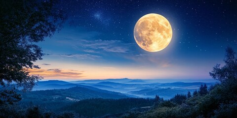 Poster - Full moon shining brightly on a clear summer night, creating a magical atmosphere. The full moon illuminates the surroundings, enhancing the beauty of the summer night sky.