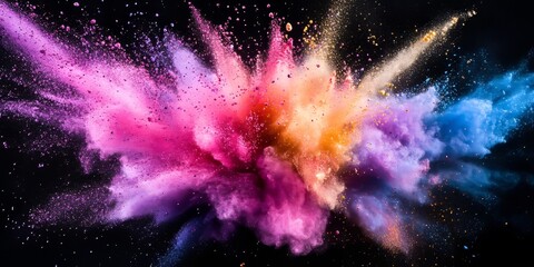 Poster - Abstract multicolored powder explodes against a black background, showcasing the vibrant freeze motion of color powder splatting. This multicolored powder creates a stunning glitter texture.