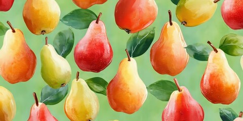 Poster - Vibrant fruit pattern featuring fresh, ripe, juicy pears set against a green backdrop, creating a colorful fruit theme. Enjoy the delightful contrast of colors in this appealing fruit arrangement.