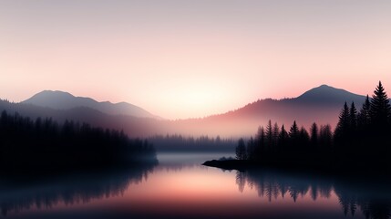 Wall Mural - serene sunrise over a calm lake surrounded by misty mountains and evergreen trees