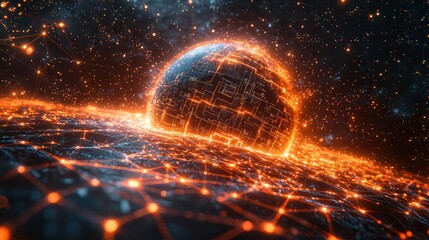 Poster - Futuristic digital landscape with glowing sphere.