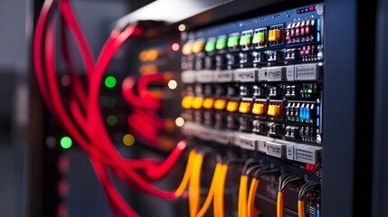 Poster - A close-up of a network server with colorful cables and indicators.