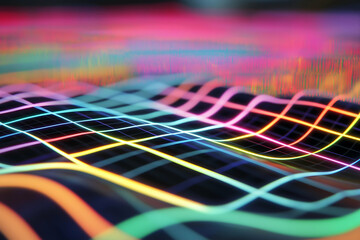 Aufkleber - A vibrant, abstract image featuring colorful, wavy lines and grids against a dark background, creating a dynamic, energetic visual effect.