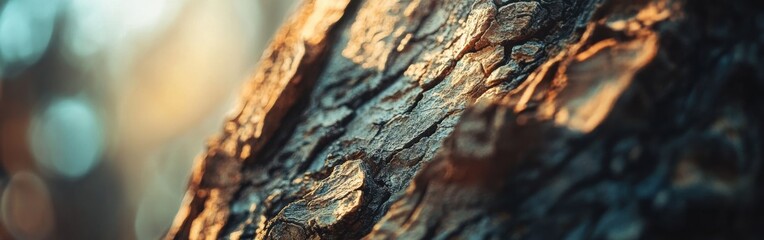 Poster - Textured close-up of ancient tree bark highlighting intricate patterns and natural colors in a forest setting