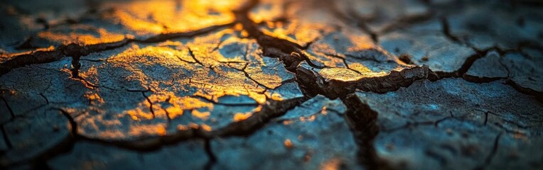 Poster - Close-up view of cracked earth surface revealing textures and colors at sunset