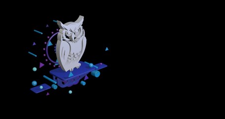 Poster - White owl symbol on a pedestal of abstract geometric shapes floating in the air. Abstract concept art with flying shapes on the left. 3d illustration on black background