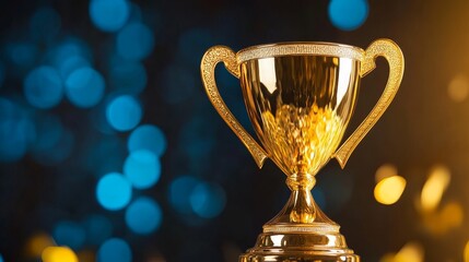 Wall Mural - a shiny golden trophy, winner, background on a blurred blue and orange background, symbolizing achie