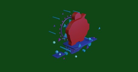 Poster - Red piggy bank symbol on a pedestal of abstract geometric shapes floating in the air. Abstract concept art with flying shapes in the center. 3d illustration on green background