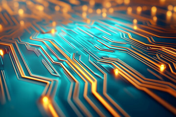 Aufkleber - A close-up view of a vibrant circuit board with glowing lines, showcasing intricate electronic connections and a striking blue background.