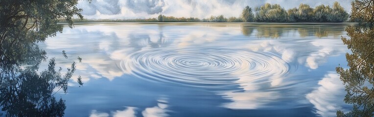 Poster - Soft ripples gently expand across a tranquil water surface reflecting clouds and trees under a bright sky