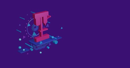 Poster - Pink boring mill symbol on a pedestal of abstract geometric shapes floating in the air. Abstract concept art with flying shapes on the left. 3d illustration on deep purple background