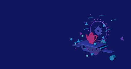 Poster - Pink teapot on a pedestal of abstract geometric shapes floating in the air. Abstract concept art with flying shapes on the right. 3d illustration on indigo background