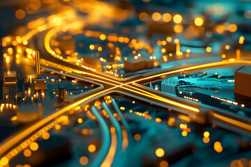 Aufkleber - A vibrant close-up of a circuit board with glowing pathways, resembling a complex network of roads illuminated in blue and orange hues.