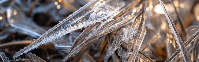 Poster - Frost clings to grass blades in the early morning light, creating a sparkly winter landscape in a field