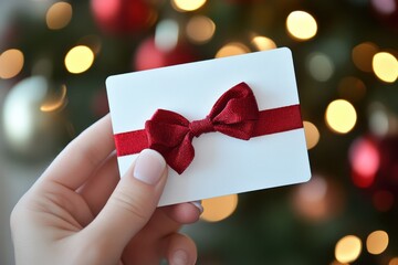 A close-up of a hand holding a white gift card with a red ribbon bow. The background is softly blurred with warm