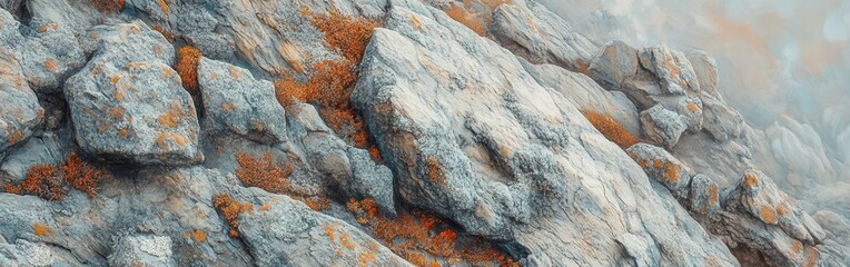 Poster - Macrophotograph capturing the textures and colors of rocky mountain surface with moss in natural light