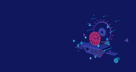 Poster - Pink clock symbol on a pedestal of abstract geometric shapes floating in the air. Abstract concept art with flying shapes on the right. 3d illustration on indigo background