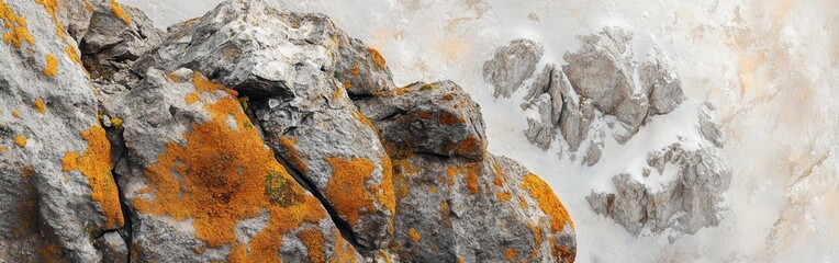 Poster - Macrophotograph showcasing intricate textures of rocky mountain surface with lichen in natural environment