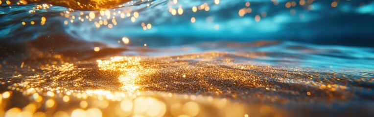 Poster - Macro view showcases intricate patterns of sand grains illuminated by sunlight beneath shallow water at a serene beach setting