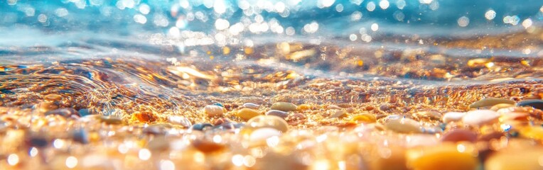 Poster - Macro view reveals intricate details of sand grains under shallow water, showcasing nature's beauty in sunlight