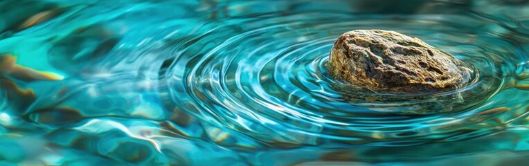 Poster - Intricate dance of water ripples forming around a stone under sunlight in a tranquil setting
