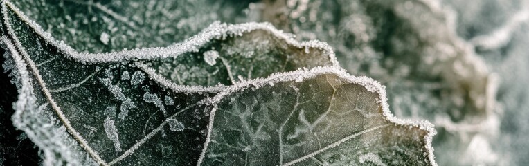Poster - Frost coats the edge of a leaf in a quiet winter morning setting
