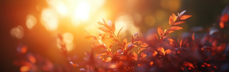 Poster - Golden autumn sunset filtering through leaves in a serene forest setting