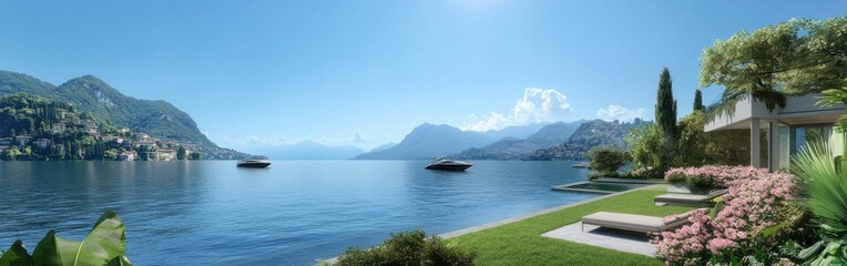 Poster - Luxurious villas by Lake Como surrounded by lush greenery and tranquil waters during a clear sunny day