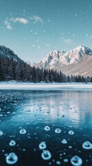 Aufkleber - Frozen Lake Abraham in Alberta showcases unique ice bubbles surrounded by mountain scenery