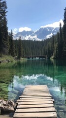 Poster - Emerald green waters of Lake Emerald in Canada reflect mountains and trees under clear blue sky during summer