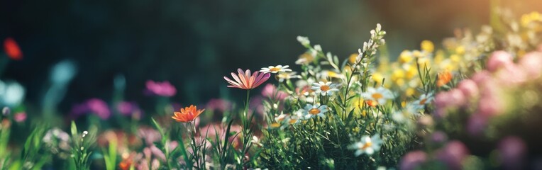 Poster - Colorful spring garden full of blooming flowers and vibrant greenery in warm sunlight