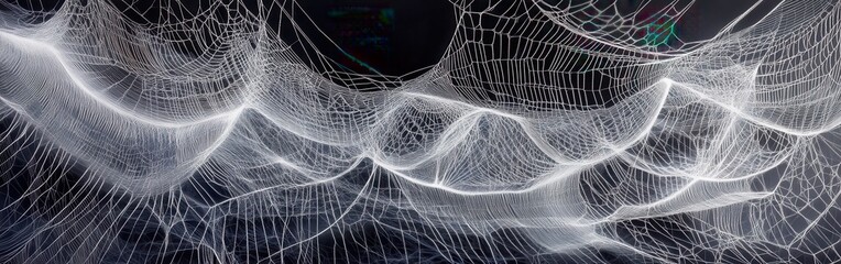 Poster - Intricate spider silk captures light in a mesmerizing web design in a quiet forest setting